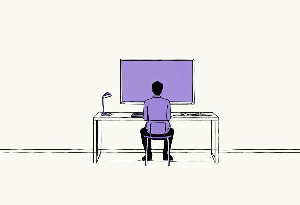 水墨插畫:一個人背對著坐在桌前,房間裡唯一的光來自螢幕